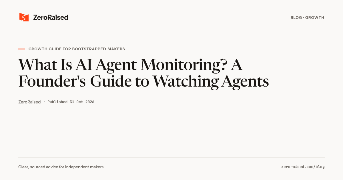 Editorial title card reading "What Is AI Agent Monitoring? A Founder's Guide to Watching Agents" beside the orange ZeroRaised mark.